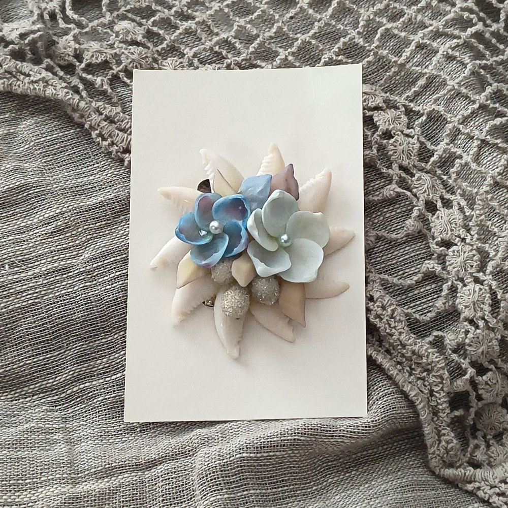 Handmade Floral Shell Brooch in Blue and Pale Pink